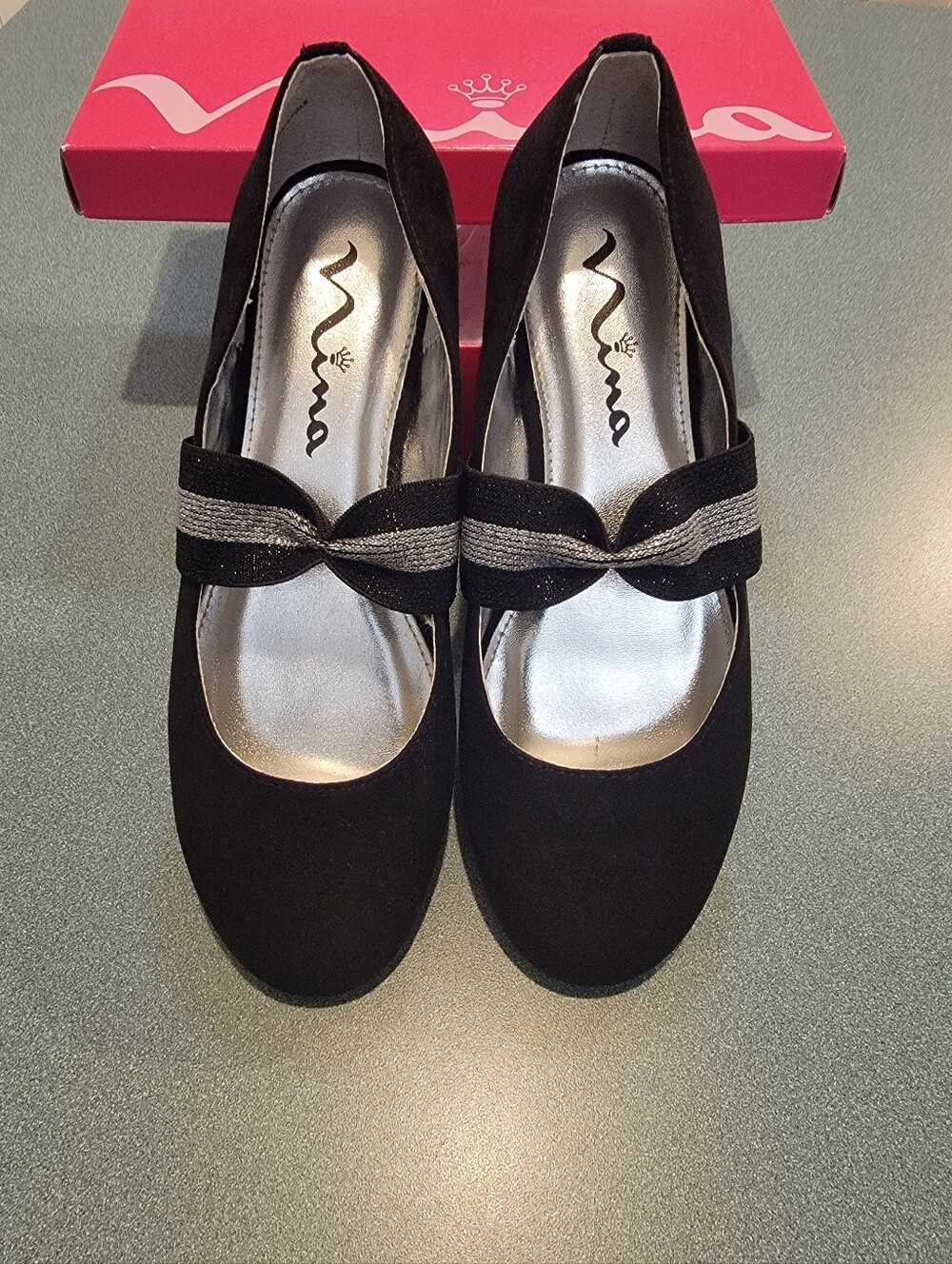 Nina Krissy Girls Size 5M Black Microsuede Dress Flats Silver